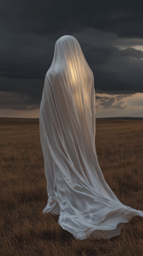 Figure in Silk Amid Thunderstorm Clouds