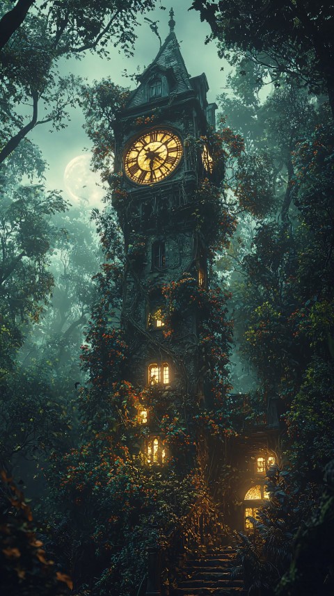 Mysterious Clock Tower in Lush Jungle with Vines