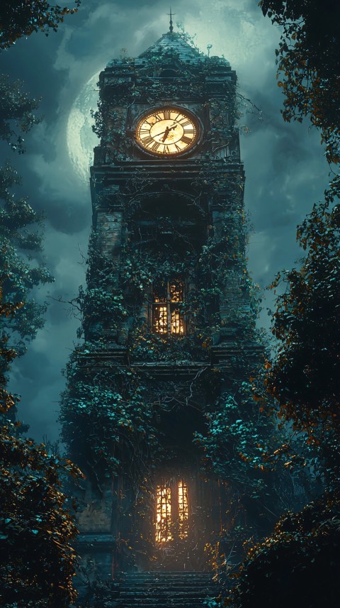 Clock Tower Surrounded by Jungle and Glowing Vines