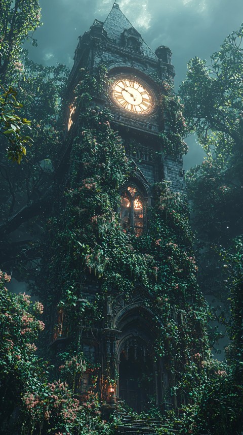 Clock Tower in Jungle with Luminous Vines