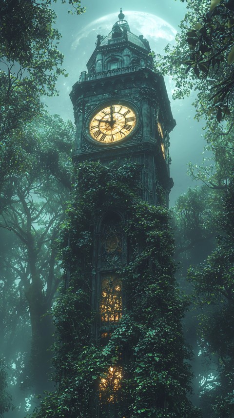 Clock Tower Surrounded by Jungle Vines and Flowers