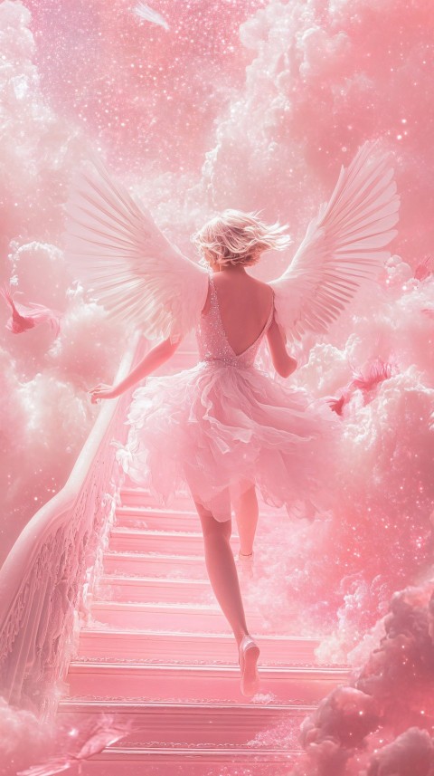 Angel with Wings Ascending Pastel Pink Cosmic Staircase