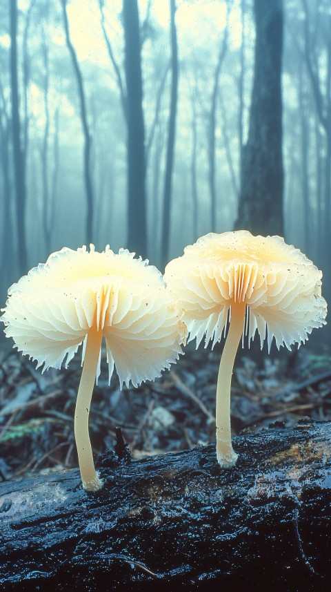 Mycena Pseudocorticola Mushrooms on Fallen Tree