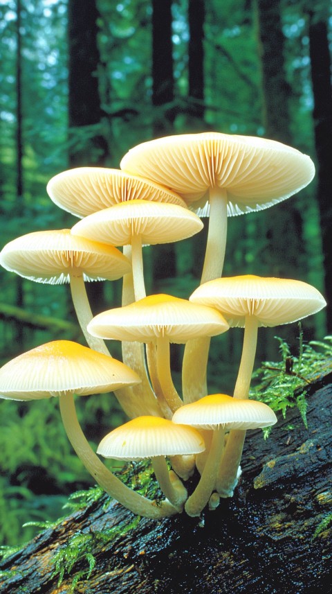 Mycena Pseudocorticola Mushrooms on Fallen Tree