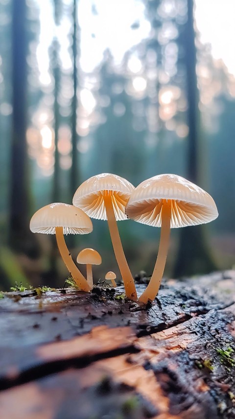 Mycena Pseudocorticola Mushrooms on Fallen Tree