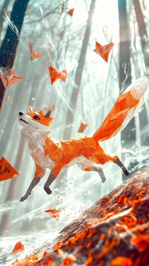 Origami Foxe in Winter Fantasy Landscape