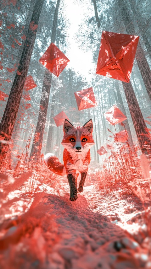 Origami Fox Creatures in Winter Forest Landscape