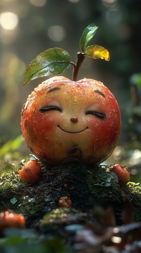 Whimsical Anthropomorphic Apple-Like Character with Human Features