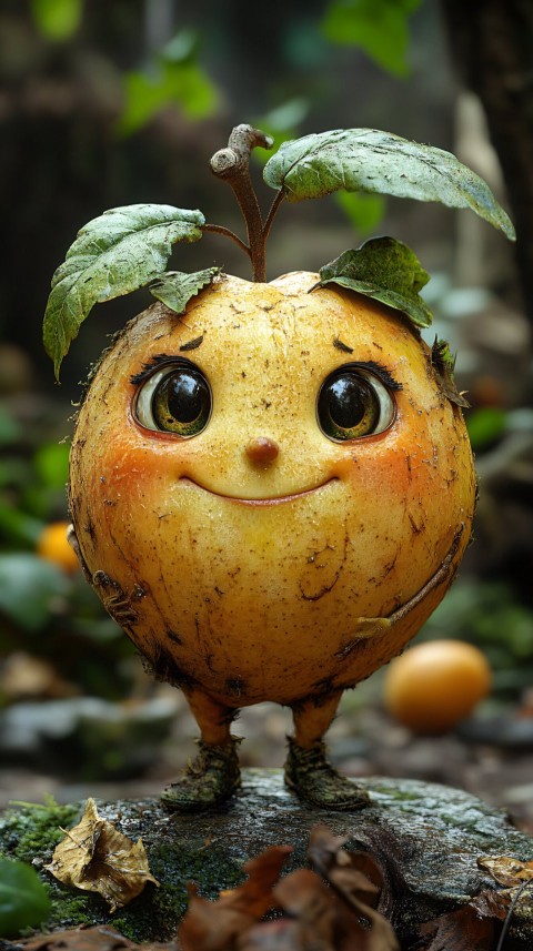 Whimsical Apple-Like Anthropomorphic Character with Human Features