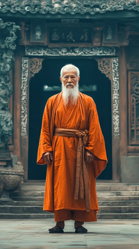 Old Monk Standing in Front of Building Full-Body Shot