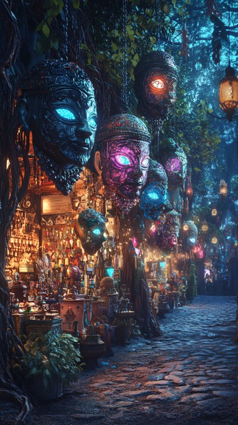 Mystical Night Market Stalls in Enchanted Forest