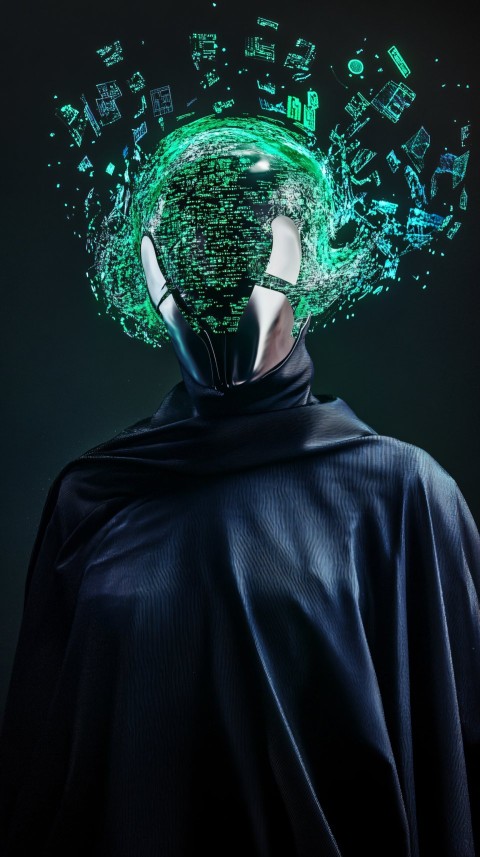 Futuristic Character with Metallic Mask and Digital Aura