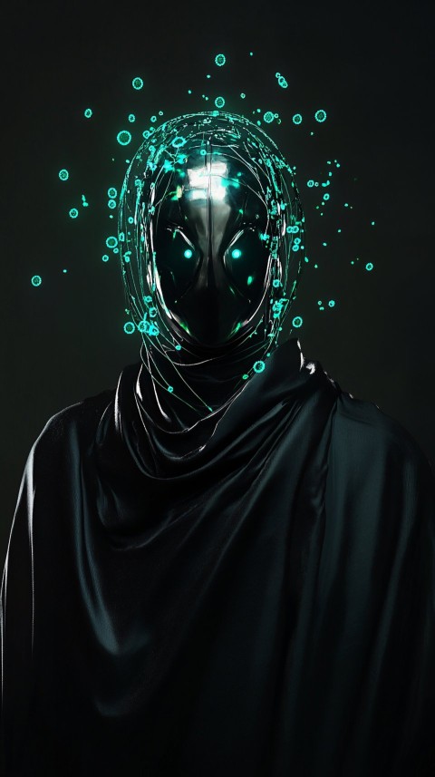 Futuristic Character with Metallic Mask and Digital Aura