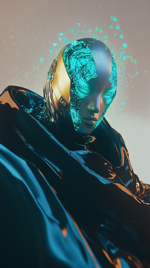 Futuristic Portrait with Metallic Mask and Digital Aura