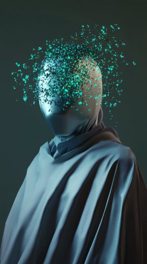 Futuristic Character with Metallic Mask and Digital Aura