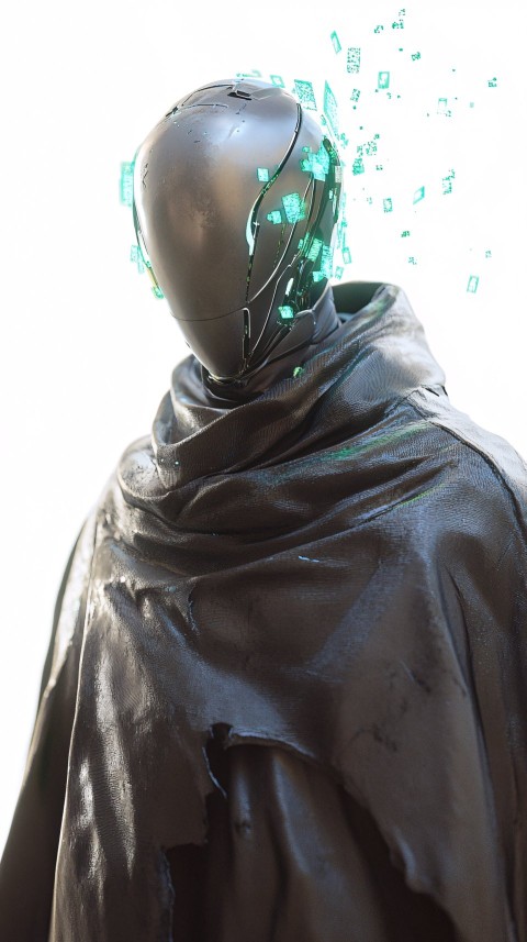 Futuristic Character with Metallic Mask and Digital Aura