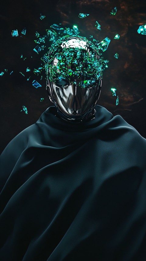 Futuristic Character Portrait with Metallic Mask and Aura