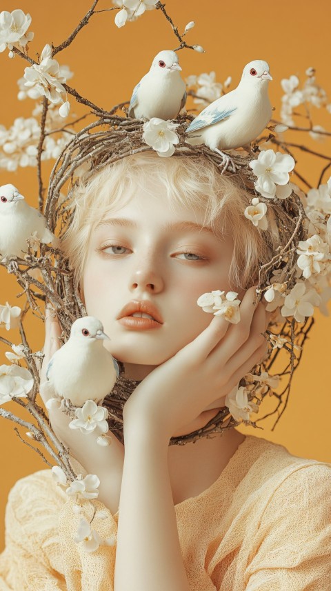 Blonde Woman with Bird Nest Hair and Flowers