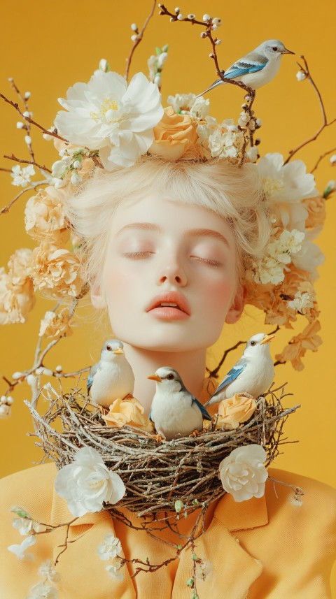 Blonde Woman with Bird Nest and Bluebirds Portrait