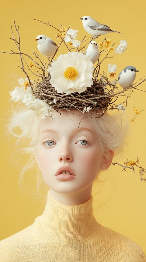 Blonde Woman with Bird Nest and Bluebirds Portrait