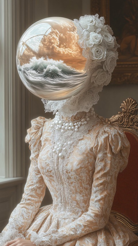 Rococo Figure with Glass Head Reflecting Seascape