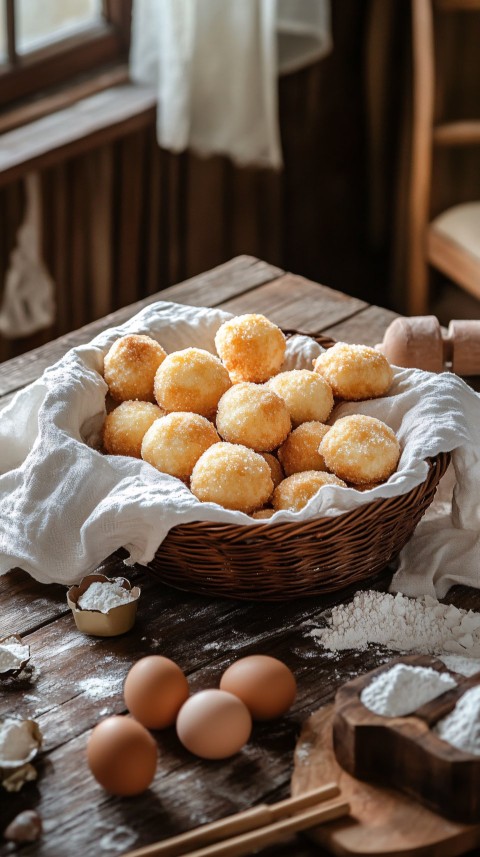 Traditional Bolachas in Rustic Basket with Baking Ingredients