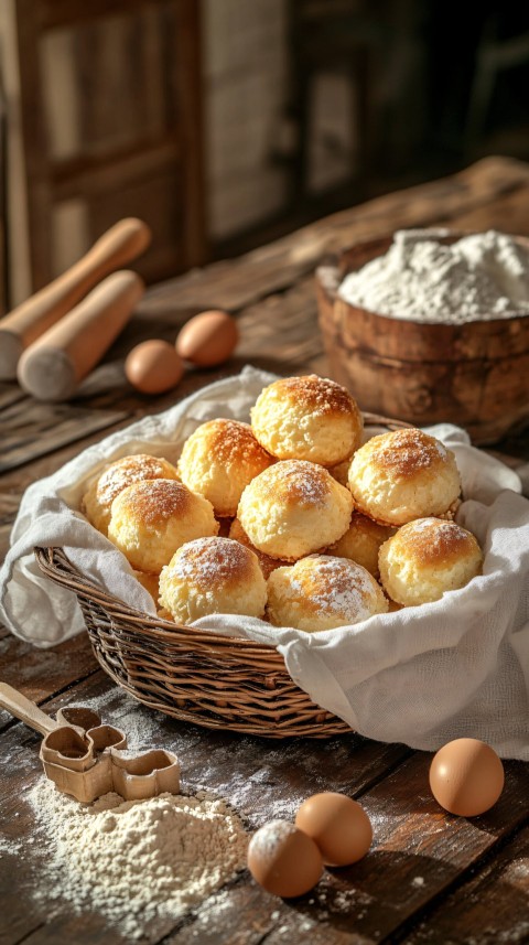 Traditional Bolachas in Rustic Basket with Baking Ingredients