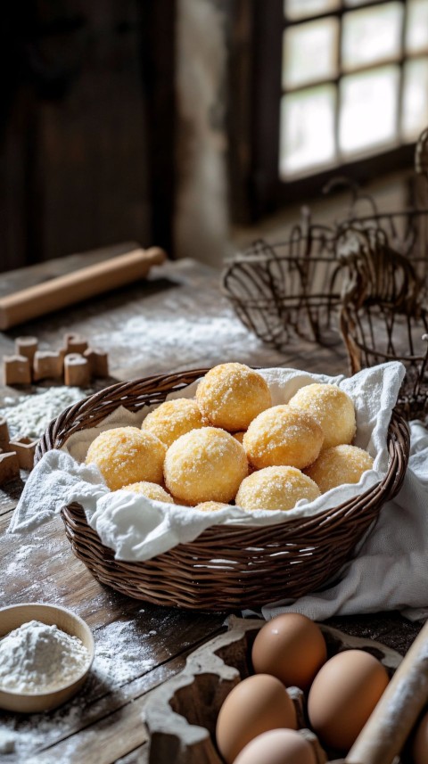 Traditional Bolachas in Rustic Basket with Baking Ingredients