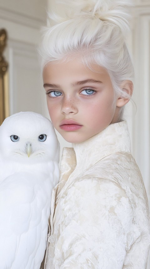 Albino Child in Royal Room with Snowy Owl