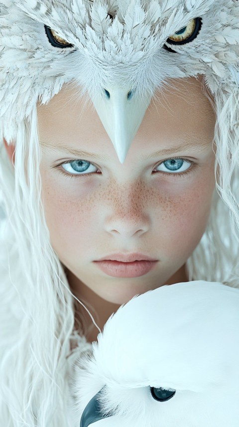 Albino Child in Royal Room with Snowy Owl