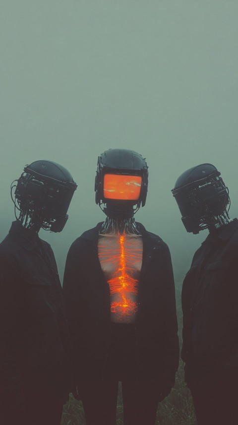 Cyborgs and Glowing Woman in Symmetrical Composition