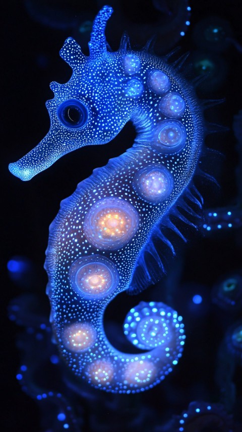 Bioluminescent Seahorse Glowing Under Blue Light