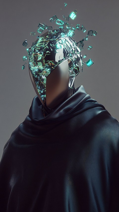 Futuristic Character with Holographic Mask and Aura