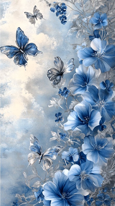 Sky Blue and Silver Watercolor Background with Flowers