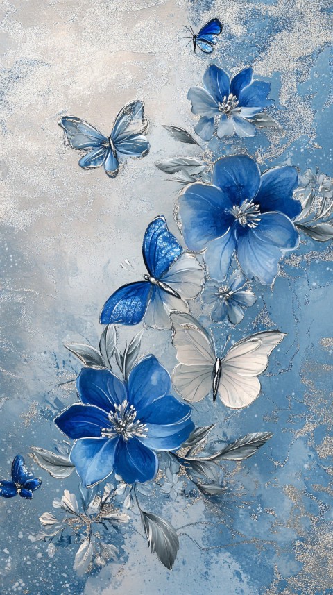 Sky Blue and Silver Floral Background with Butterflies