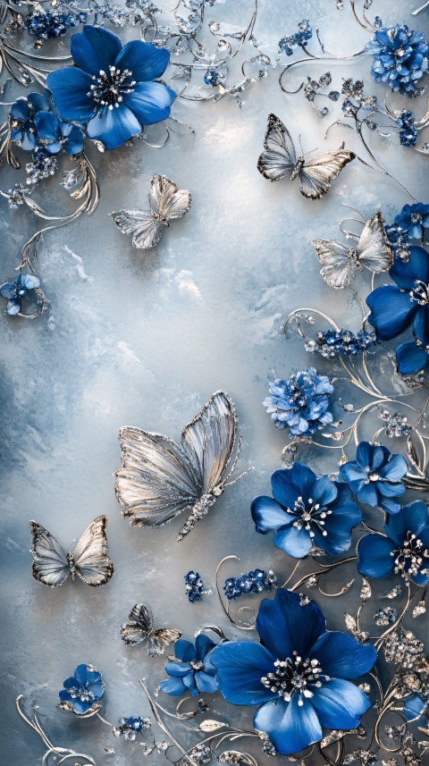 Blue Background with Butterflies and Flowers