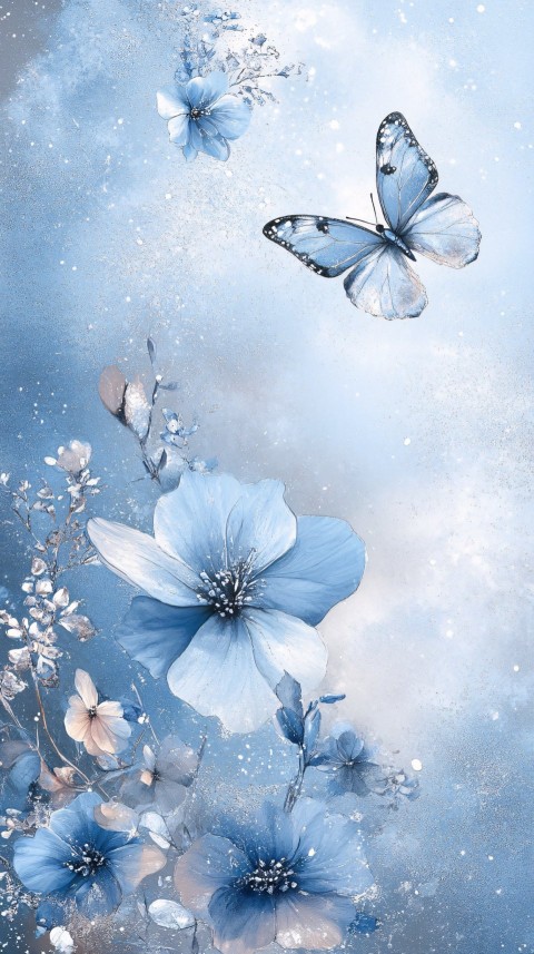 Sky Blue Background with Flowers and Butterflies