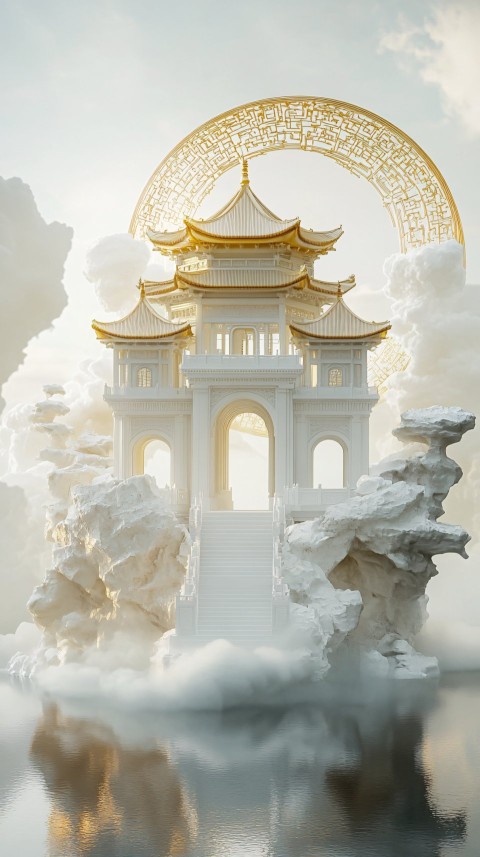 Floating Chinese Arch Island with Golden Domes and Mist