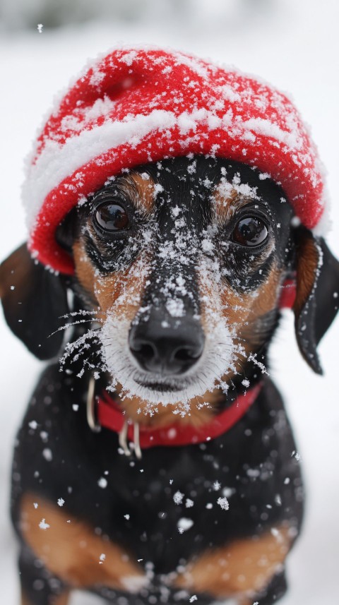 Mini Dachshund in Snow with Christmas Decorations