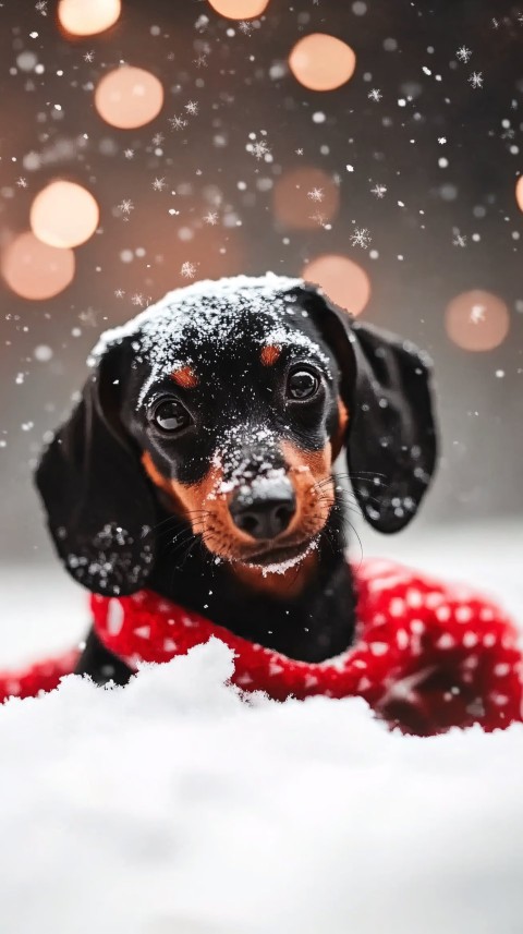 Mini Dachshund in Snow with Festive Christmas Background