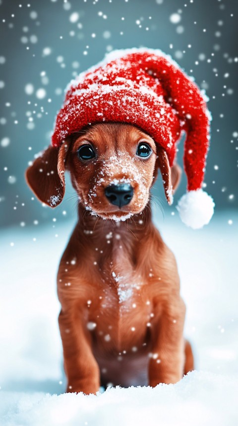 Mini Dachshund in Snow with Christmas Decorations