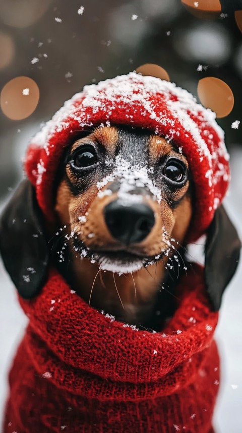 Mini Dachshund in Snow with Christmas Ornaments