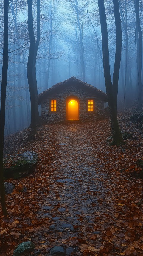 Eerie Forest Path with Distant Temple Light