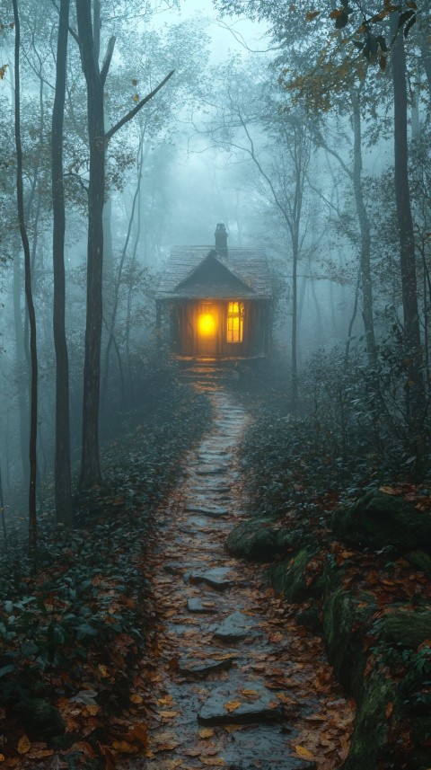 Eerie Forest Path with Glowing Distant Temple Light