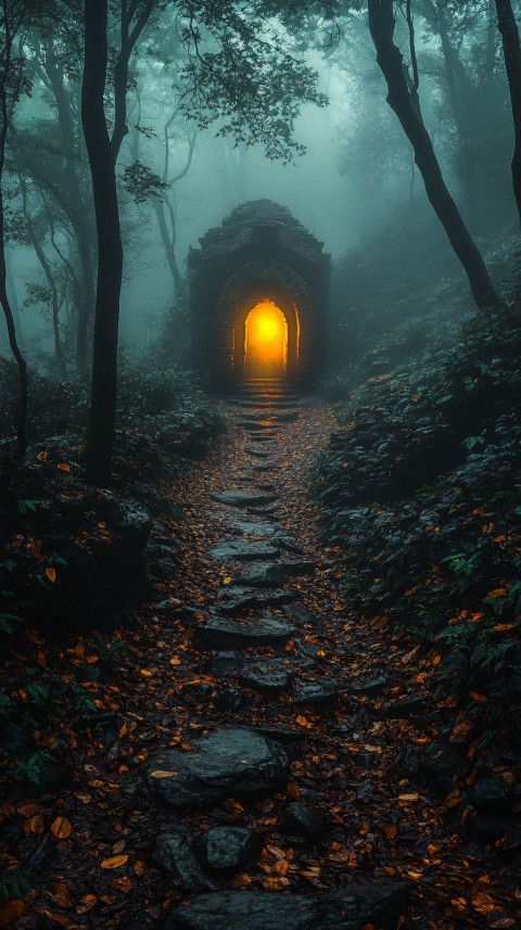 Eerie Forest with Distant Temple and Dark Fog