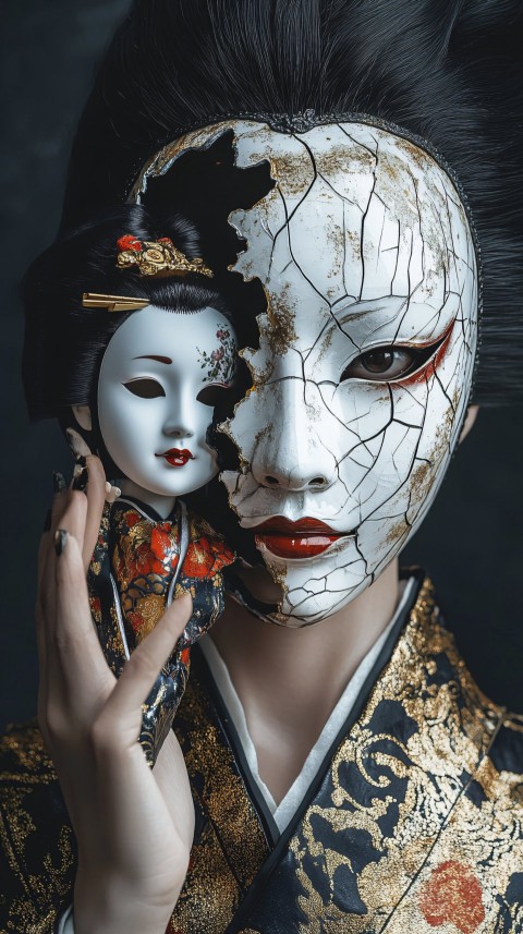 Surreal White Mask Holding Creepy Japanese Doll