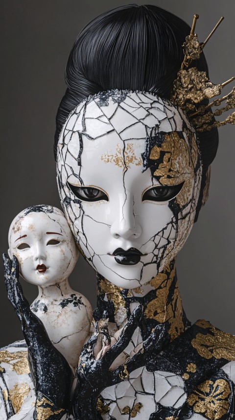 Surreal White Mask Holding Creepy Doll with Porcelain Geisha