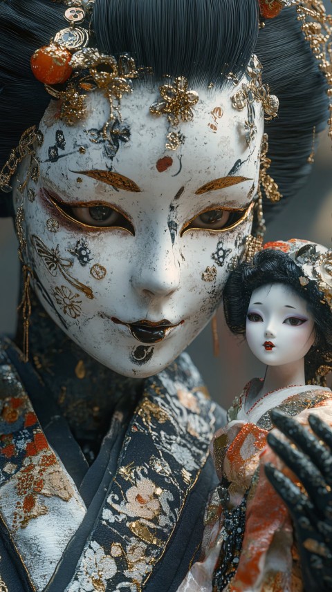 White Mask with Creepy Doll and Porcelain Geisha