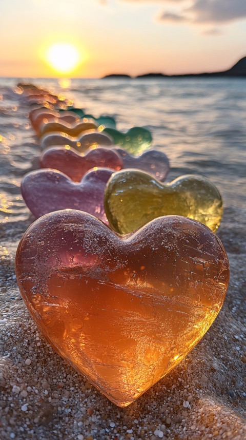 Colorful Heart Shaped Pebbles on Beach with Glass Stones