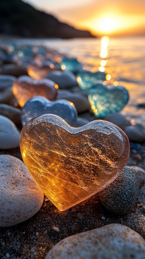 Colorful Heart-Shaped Pebbles and Glass Stones on Beach